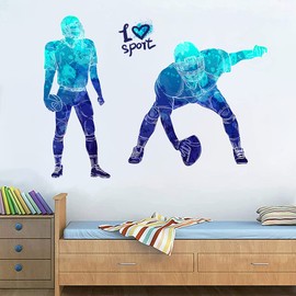 WOYINIS Blue Watercolor Football Player Wall Decal, Sports Player Silhouette Rugby Wall Stickers Peel & Stick Removable Wall Decals Stickers for Living Room Playroom Kids Room Wall Decor, NK0213