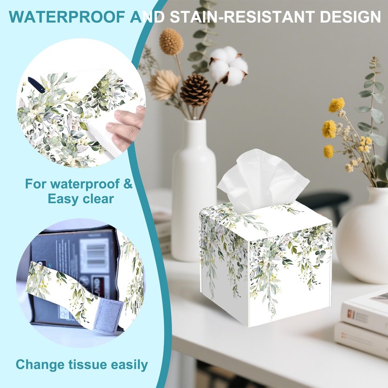 Watercolor Floral Leaves Tissue Box Holder,Square Leather Tissue Box Cover