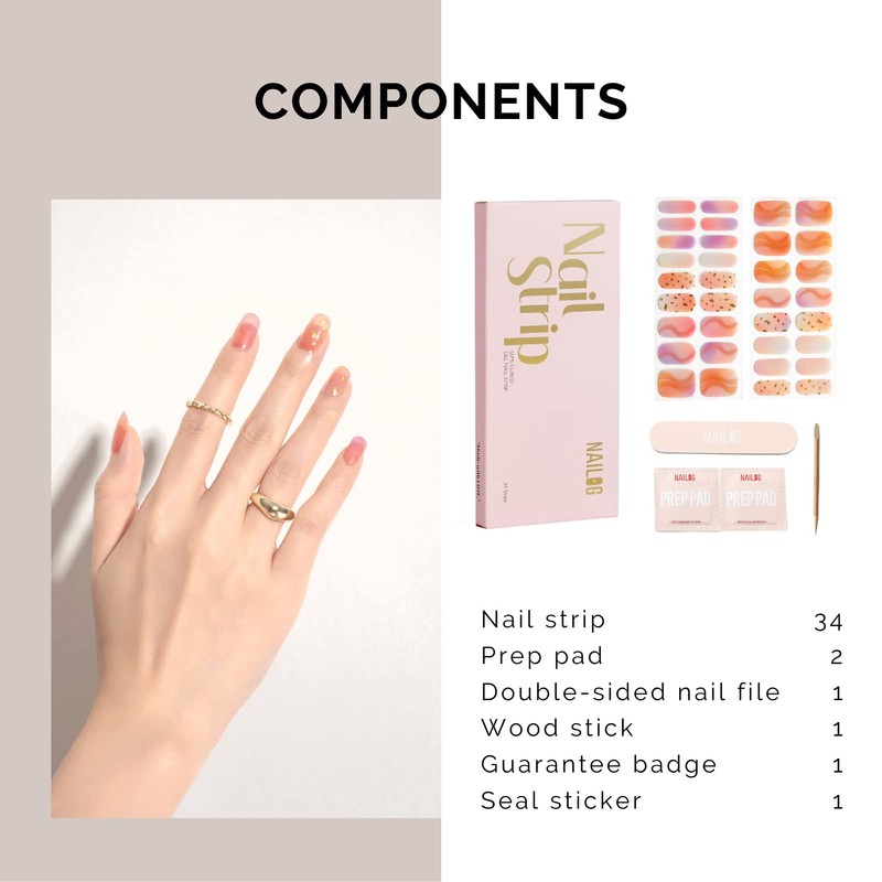 NAILOG Semi-hardened Gel Nail Stickers (34 Pieces), Long Lasting, Salon