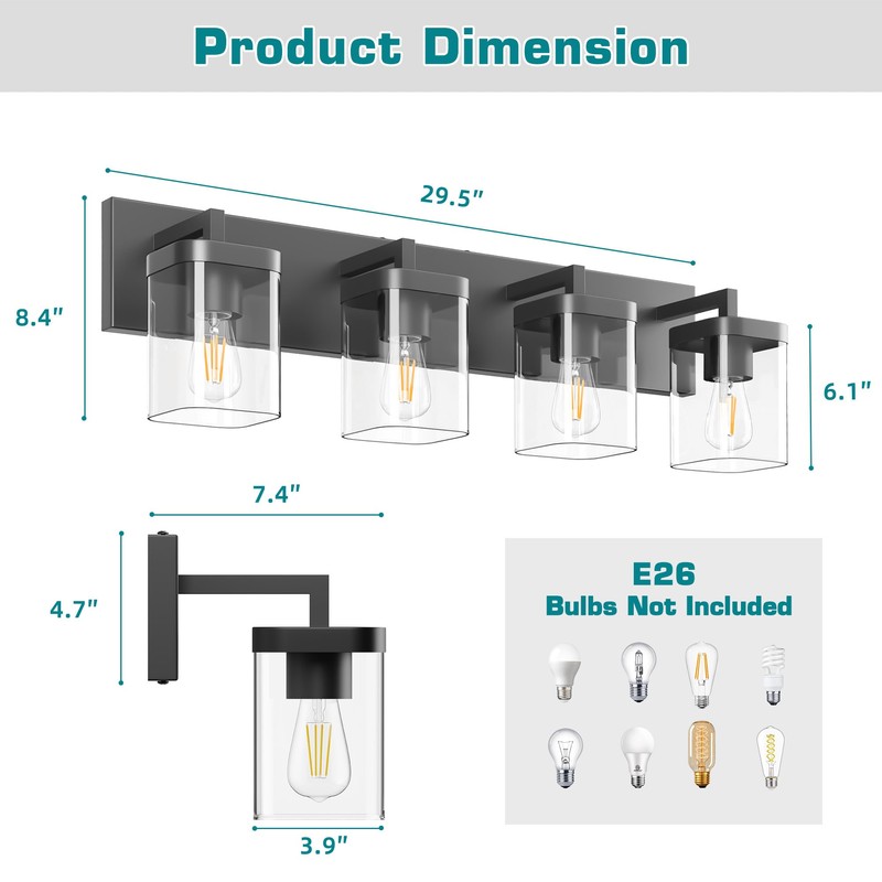 Danshinro Bathroom Vanity Light, Square Design 4 Lights Morden Bathroom