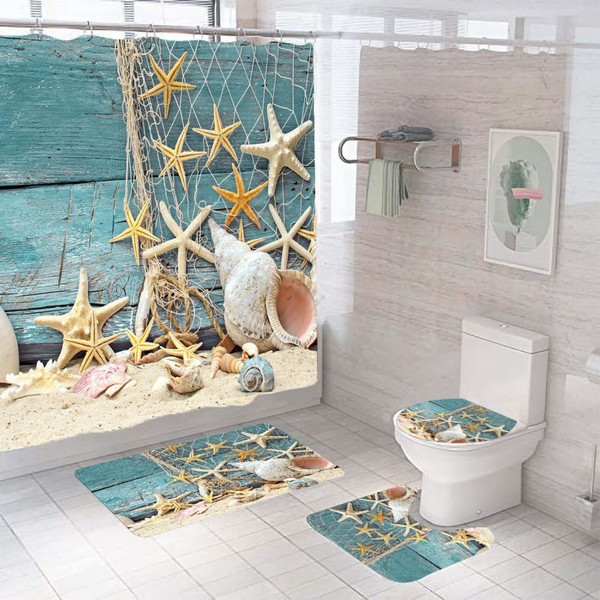 4 Piece Beach Shower Curtains Set, Blue and White Seaside Starfish Sea Shell Waves Bathroom Shower Curtains Set with Non-Slip Rugs, Toilet Lid Cover and Bath Mat for Bathroom Accessories