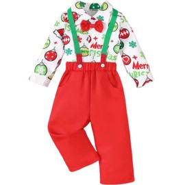 Yaopelky Toddler Boy Christmas Outfit Boys Dress Clothes Kid Suit Shirt with Bowtie Suspender Pant Set Gentleman Outfits(Red, 2-3T)