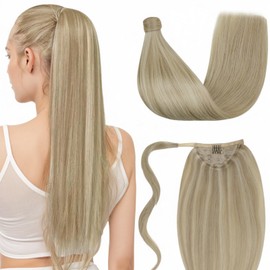 LaaVoo Ponytail Extensions Braid Real Hair Blonde Hair Extensions Braid Extensions Golden Blonde Highlight Medium Blonde Ponytail Extensions Real Hair Remy Human Hair 50 cm #P16/22 80 g