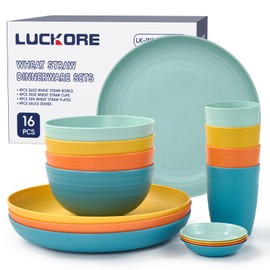 Wheat Straw Dinnerware Sets 16 PCS - Unbreakable Reusable Dinnerware Dishes Dessert Plates, Cereal Bowls, Drinking Cups, Sauce Dishes, Microwave Dishwasher Safe Plates Bowls Sets for Kitchen