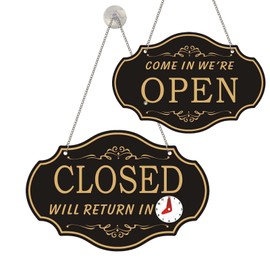 Open Signs For Business, Double Sides with “Will Return” Clock,Business Store Office Bars Retail Shop Home 9.6 x 6.3 Inche (Gold)