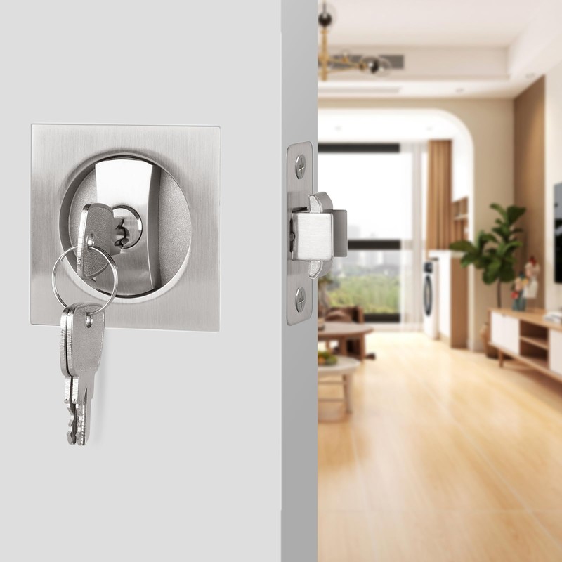 Square Pocket Door Lock, Satin Nickel Pocket Door Hardware, Sliding