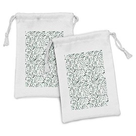 Lunarable Leaf Fabric Pouch Set of 2, Floral Pattern Leaves and Plants Tree Stems and Branches Vintage Design Print, Small Drawstring Bag for Toiletries Masks and Favors, 9" x 6", Green