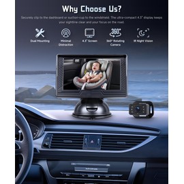 Rear Seat Baby Car Camera for Backseat HD-Rear-Facing Car Baby Monitor with Night Vision, Adjustable View Angle, Easy Setup,360°Rotatable car Camera, Safety for Kids with 4.3 inch IPS car Baby Monitor