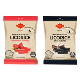 Halva European Style Licorice - Finnish Sweet and Soft Eating Licorice - 7 Ounce Bag - Pack of 2 (1 Black / 1 Strawberry)