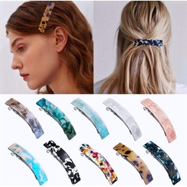 VEGCOO 10 Pieces French Elegant Rectangle Hair Barrettes for Women Girls, Acrylic Tortoise Shell Hair Clips for Thick Hair - Automatic Hairpins with Marble Print