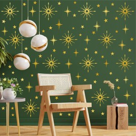 Gold Star Wall Stickers Retro Starburst Wall Decals Peel and Stick for Bedroom Living Room Decor Ceiling Stars Atomic Mid Century Wall Art Murals Modern Viny Wall Decal for Nursery Kids Room