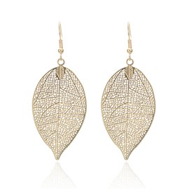Filigree Leaf Long Pendant Earrings for Women Vintage Simple Black Hollow Out Tiered Tree Leaves Charm Lightweight Dangle Drop Earrings for Minimalist Birthday Wedding Jewelry Gifts (Gold)