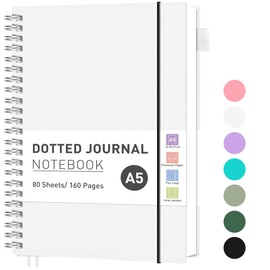 RETTACY Dotted Notebook, A5, Bullet Dot Journal, Lightweight Pad for Students, 160 Sheets, 80 Pages, for Writing, 100 gsm, PVC, Spiral Binding, for Women, Men, Work, Office, 14.8 x 21 cm, Transparent