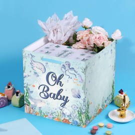 Extra Large Under the Sea Gift Bag for Baby Shower, Ocean Animals Square Gift Bag with Tissue Papers Blue Sea Animals Present Bags Oh Baby Wrapping Paper Bag for New Parents Gender Reveal Party Favors