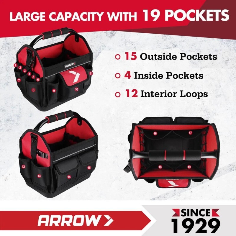 ARROW 12" Tool Tote Hard Base Electrician Tool Bag Open