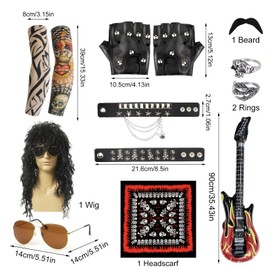 BIBARAJM 10 Pcs Rocker Costume Men's Wigs Black Curls Disco Costume Men's Party Costume Men with Wigs Sunglasses Beards Sleeves Gloves Headscarves for 70s 80s 90s