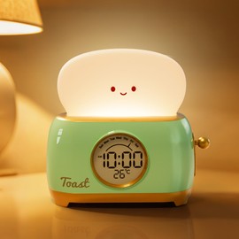 Aokpsrt Alarm Clock for Kids, Cute Toast Night Light Alarm Clocks for Bedrooms, Dimming Rechargeable Small Led Desk Clock with Snooze & Countdown for Room Decor, Bedside Clock for Teen Girls Boys