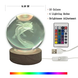 3D Axolotl Crystal Ball 3.15" with LED Lamp Colorful Wooden Base Night Light with Removable Glow Ball Color Changing Light with Remote as a crystal ball for Boy Friends (5-Axolotl, 3.15" (Inch))