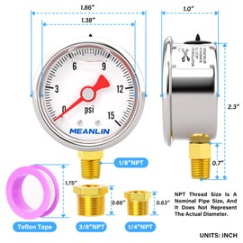 MEANLIN MEASURE 2pcs 0~15Psi Stainless Steel Liquid Filled, 1/8" NPT 1.5" Glycerin Filled Pressure Gauge, Water Oil Air, Lower Mount, with 1/4" NPT and 3/8" NPT Hex Bushing
