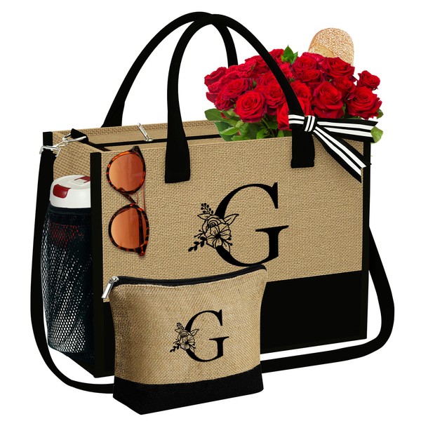 YOOLIFE Valentines Day Gifts for Her, Initial Jute Tote Bag