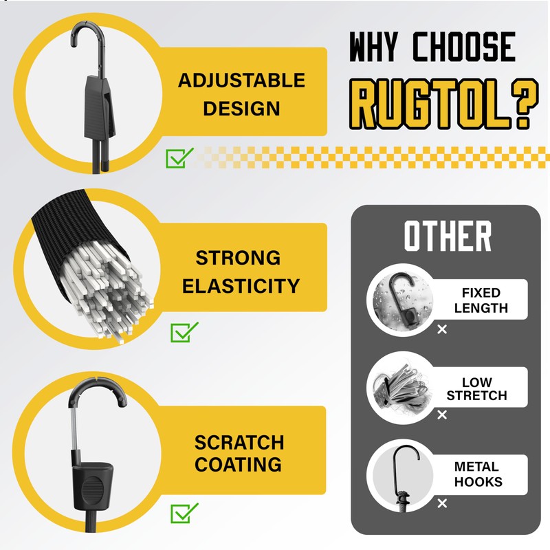 Rugtol Adjustable Bungee Cords with Hooks, 6Pcs Heavy Duty Outdoor