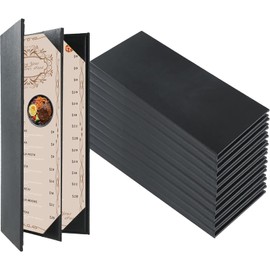 FLKQC Menu Covers 4.25" x 11" – 10 Pack 1 View Black PU Leather Restaurant Menu Holders, Single Panel with Angled Corners for Food Menus, Wine Lists & Drink Specials & Cocktail, Perfect for Parties