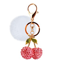 Tobestu Cute Cherry Keychain Rhinestone Wallet Purse Handbag Charms Backpack Accessory Decoration Pom Pom Car Keyring Y2226 (Pink)