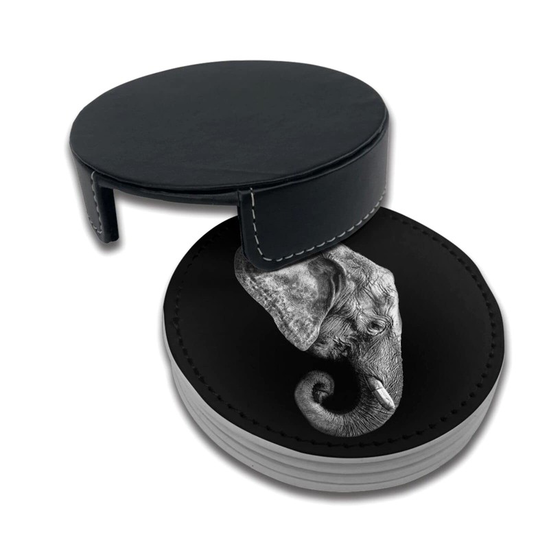 Elephant Coasters for Drinks with Holder Leather Coasters Set of