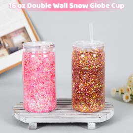 Tswofia 8 Pack plastic Snow Globe Tumbler, 16 Oz Double Wall Plastic Can with Lid and Straw, Plastic Mason Jar Mug for Snow Globe Glitter DIY Gift (Clear)