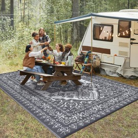 GAOMON Outdoor Rug 8x10 Patio Waterproof Reversible Plastic Straw Rug, Large UV-Resistant Portable RV Camping Mats, Indoor Outdoor Medallion Carpet for Outside Deck Porch Garden, Gray & White