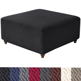 HFCNMY Ottoman Cover Square,Stretch Knitted Jacquard Square Ottoman Cover Thick Ottoman Slipcover Square Washable Storage Ottoman Cover Foot Stool Cover with Elastic Bottom Black Large