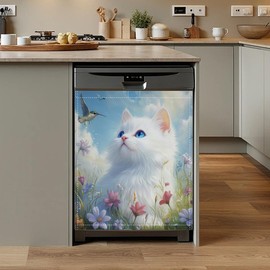 Cute White cat Dishwasher Magnet Cover,Front Dishwasher Cover Decoration Reusable Decorative Magnetic Cover for Home Kitcen Appliance 23x26 Inch