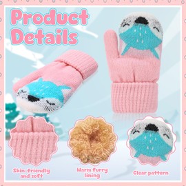 ViEinkaufen 2 Pairs Baby Mittens Boys Girls Winter Warm Toddlers Knitted Mittens Cute Cartoon Gloves with a Thick Fluffy Lining on Neck Mittens for Kids Age 1-3 Years