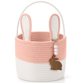 SiliFine Easter Baskets Easter Bunny Basket with Name Tag Rabbit Ear Easter Stuffer Basket Rustic Woven Round Storage for Kid Girl and Boy Gift Baby Shower Party Decoration Supplies (Orange Pink)