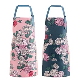 DILLMAN 2 Pack Floral Aprons with Pocket Blooming Womens Waterproof Adjustable Cooking Aprons Kitchen Gardening Salon (2pack #F)