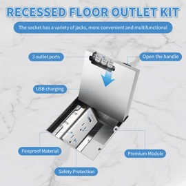 Recessed Flat Hidden Floor Electrical Outlet Kit, Hidden Duplex 2 * 15A Tamper-Resistant Receptacle Outlet and 2.1A USB Port, Waterproof Electrical Outlet Cover Box, Silver
