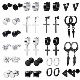 20 Pairs Stainless Steel Punk Hoop Earrings for Men Women Small Kpop Huggie Earrings Gothic Hoop Black Earrings Round Zirconia Cross Hoop Earrings Huggie Earring Stud Earrings Silver Black, Stainless
