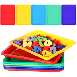 10 Pcs Flat Plastic Trays, 13.4 Inch x 9.8 Inch Kids Activity Plastic Art Tray, Large Storage Tray Serving Tray Stackable Classroom Bins for Office Home Organizer Arts and Crafts Supplies (5 Colors)