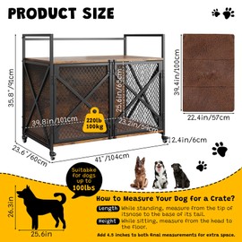 GarveeLife 41 Inch Dog Crate Furniture, Heavy Duty Decorative Dog Cage with Lockable 360° Wheels, Double Door Dog Kennel End Table for for Small Medium Large Dog, Rustic Brown