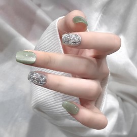 [NEURAD]ネイルチップ 30枚入マグネットタイプ マスカットミルクグリーン キャットアイ × スワロフスキー付け爪 夏向けショートネイル 人気 和風 かわいい 花嫁ネイル