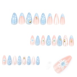 Summer Press On Nails Almond Medium Fake Nails Gold Starfish Flower False Nails Press Ons With 3D Water Ripple Design Stick On Nails Glossy Full Cover Acrylic Glue On Nail For Women Girls