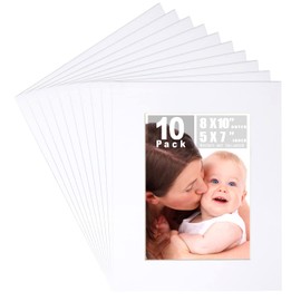 Betus 8x10 White Picture Mats, Acid Free, 1/16 Inches Thickness, White Core Bevel Cut Frame Mattes for 5x7 Pictures - Pack of 10