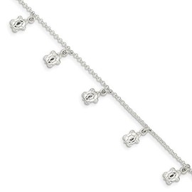 925 Sterling Silver 2mm Polished Turtle Chain Anklet with 1in Extender Length