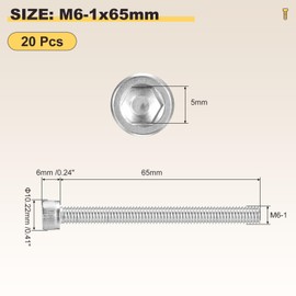 METALLIXITY Socket Head Cap Screw(M6-1x65mm)20Pcs, 304 Stainless Steel Allen Socket Drive Metric - Machine Internal Hex Screw UNC Coarse Thread, Silver Tone