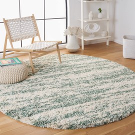 SAFAVIEH Hudson Shag Collection Area Rug - 7' Round, Ivory & Green, Modern Design, Non-Shedding & Easy Care, 2-inch Thick Ideal for High Traffic Areas in Living Room, Bedroom (SGH206Y)
