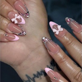 24 Pcs Spring Press on Nails Short Almond,YIHONGYAN 3D Cute Bow Rhinestones Design Fake Nails Press ons Pink French Nail Acrylic Kit Glue on Nails Full Cover False Nails Glossy Stick on Nails Woman