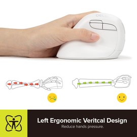 DeLUX Left Handed Ergonomic Vertical Mouse, Reduce Hands Strain Rechargeable Silent BT Wireless Ergo Mouse with USB Receiver, 6 Buttons and 4000 DPI for Carpal Tunnel (M618ZD-White)