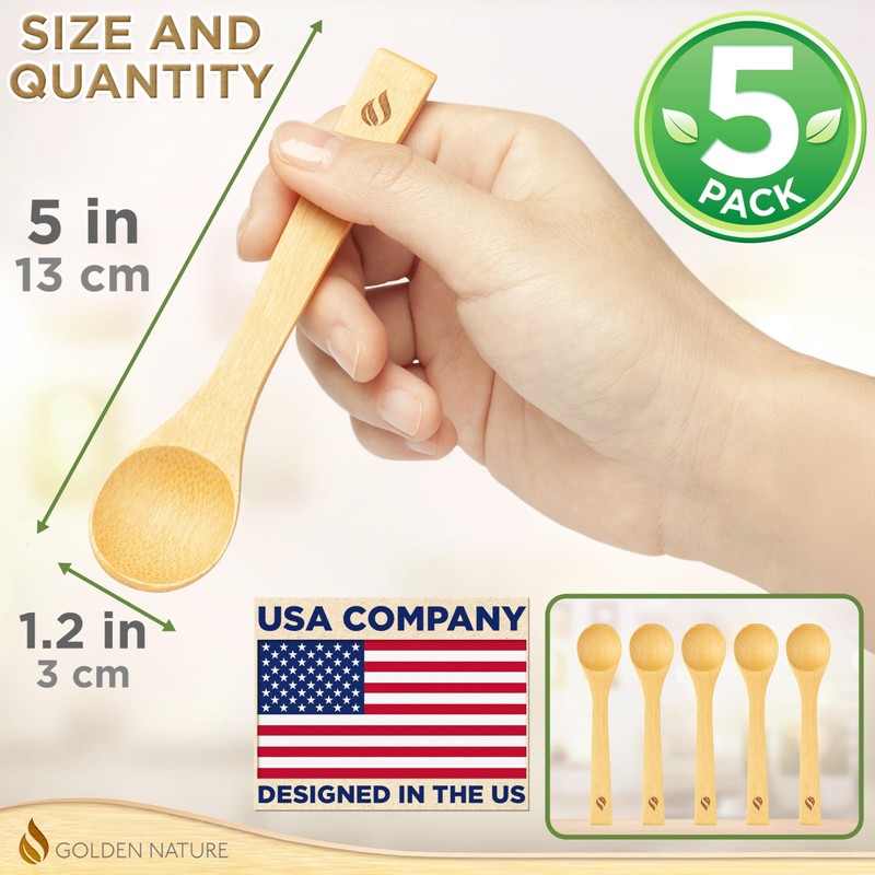 Golden Nature Bamboo Spoon Set (5 Pc), Small Kitchen Teaspoons,