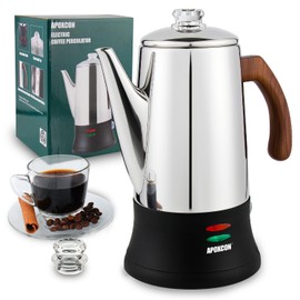 APOXCON Electric Coffee Percolator Stainless Steel Coffee Maker with Two Heat Resistant Glass Knob & Treated Solid Wood Handle Keep Warm Cordless Serve Elegant Design Coffee Pot On/OFF Switch 8 Cup