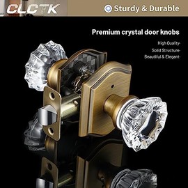 Glass Door Knobs Interior, Vintage Style Privacy Crystal Door Knobs with Lock, Antique Brass Door Knobs for Bedroom Bathroom, Push Pin Button Inside Lock, 1 Pack